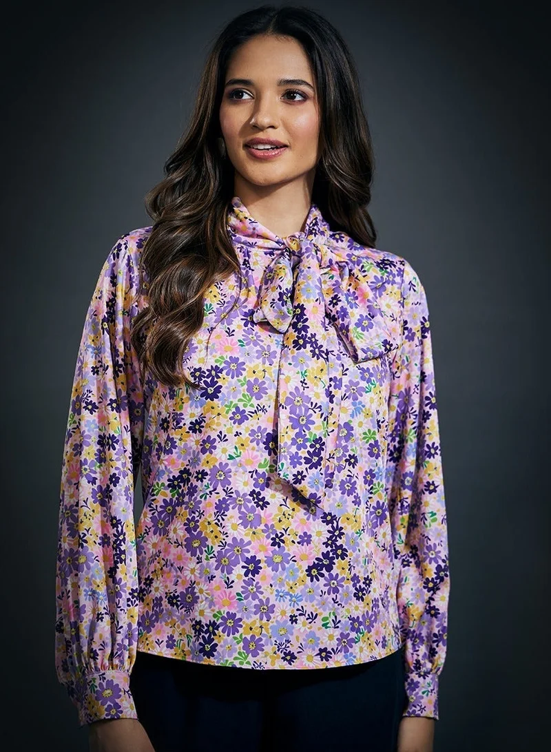 Zigzag Neck Tie Long Sleeve Pink Satin Top